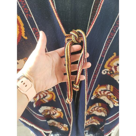 Cuauhtemoc Aztec Emperor Fringe Navy Cardigan Poncho Sweater One Size Fits Most - Picture 3 of 8